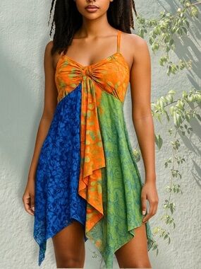 YOUNG FASHION DRESS Festival Spaghetti Strap Orange Blue Whimsical Fairycore OS